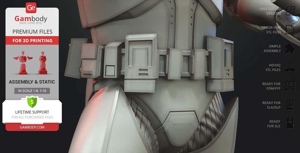 Close-up of a Clone Trooper's utility belt from a 3D printable model by Gambody.