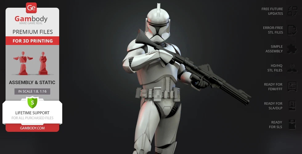 3D printable model of a Clone Trooper holding a blaster, with assembly instructions from Gambody.