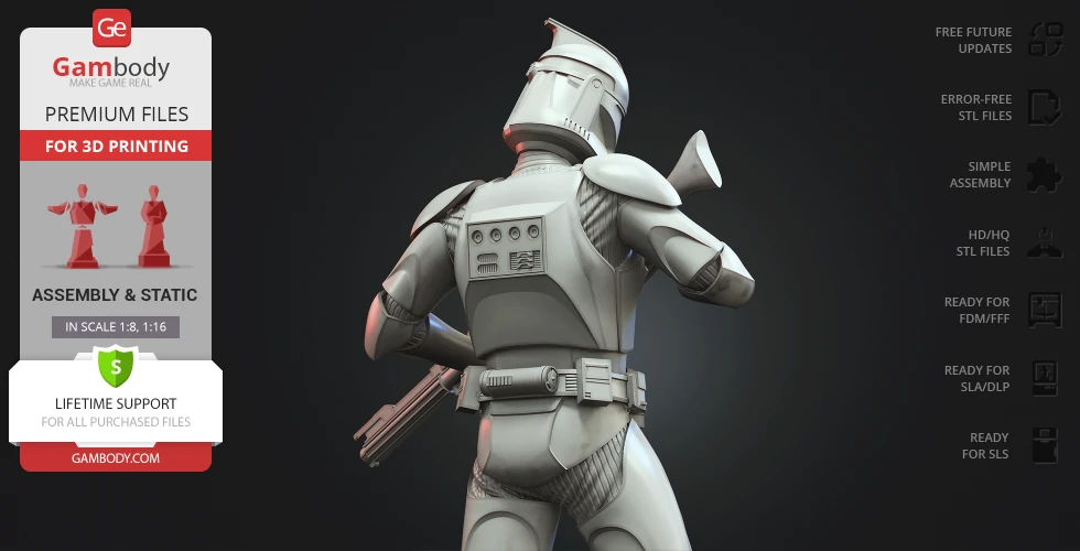 A 3D printable model of a Clone Trooper from Gambody, shown from the back, in detailed armor.