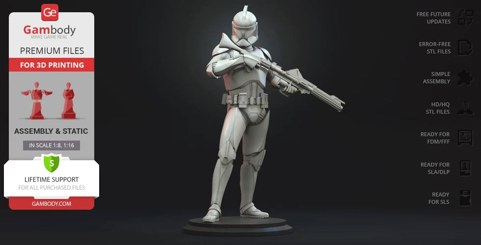 A 3D model of a Clone Trooper in armor holding a blaster, designed for 3D printing.