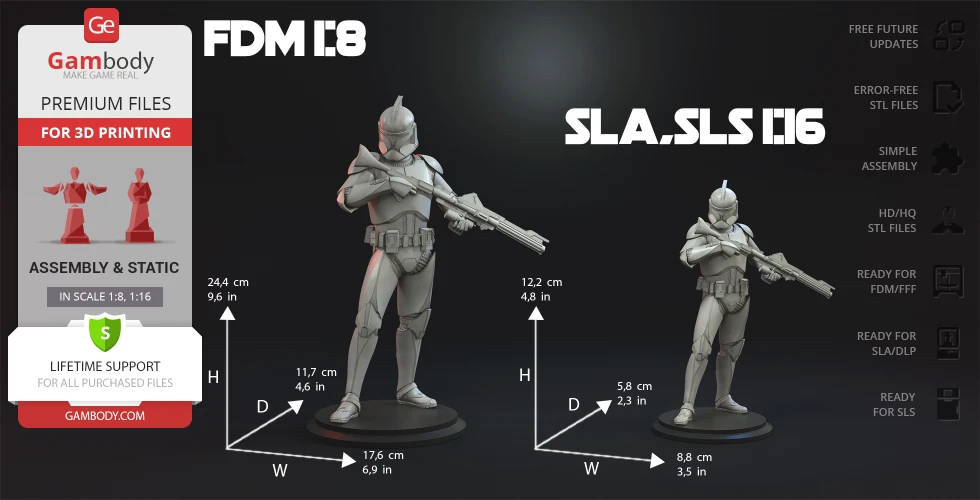 Two Clone Trooper 3D models for printing, shown in scales 1:8 and 1:16, with height and width dimensions.