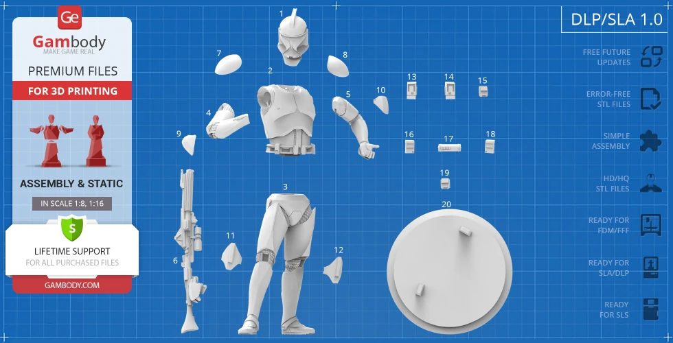 Clone Trooper 3D model parts layout for printing, including torso, limbs, helmet, and accessories.