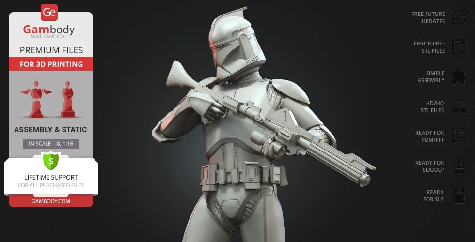 3D model of a Clone Trooper holding a blaster, designed for 3D printing with assembly instructions.