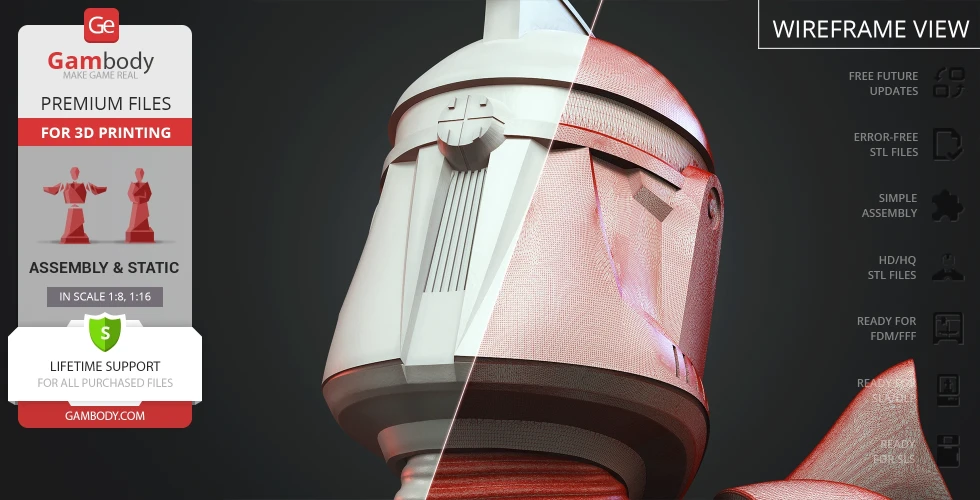 Clone Trooper helmet 3D model, wireframe view, STL files for printing from Gambody.