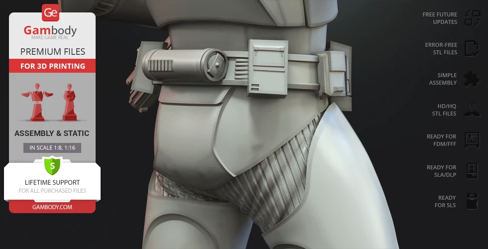 Close-up of a Clone Trooper's waist with detailed armor and utility belt, designed for 3D printing.