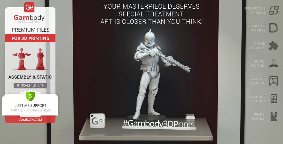 A 3D model of a Clone Trooper standing with a blaster, ready for printing from Gambody.