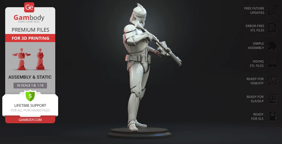 A detailed 3D model of a Clone Trooper holding a blaster, designed for 3D printing.