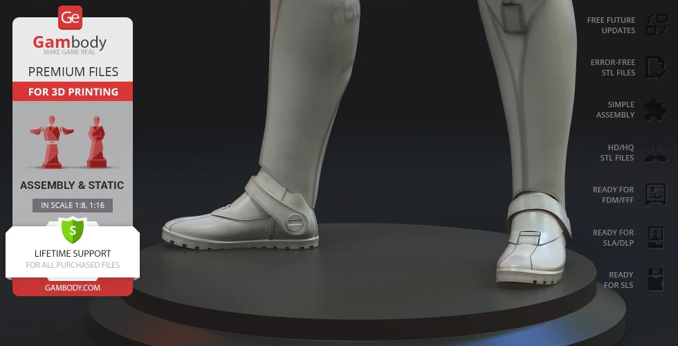 A 3D model of a Clone Trooper's lower legs and feet on a display base for 3D printing.