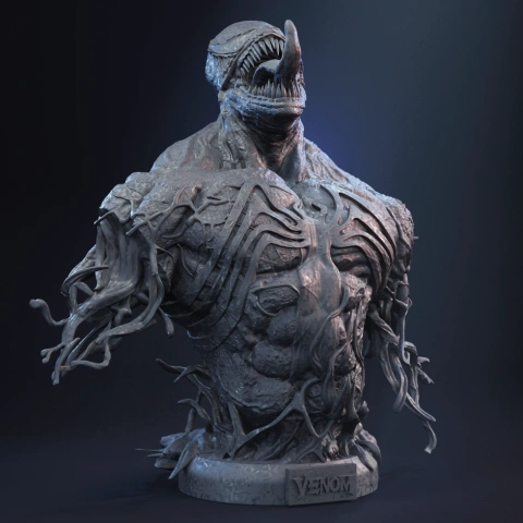 Realistic 3D bust of a muscular creature with tendrils and sharp teeth on a base labeled 'Venom'.