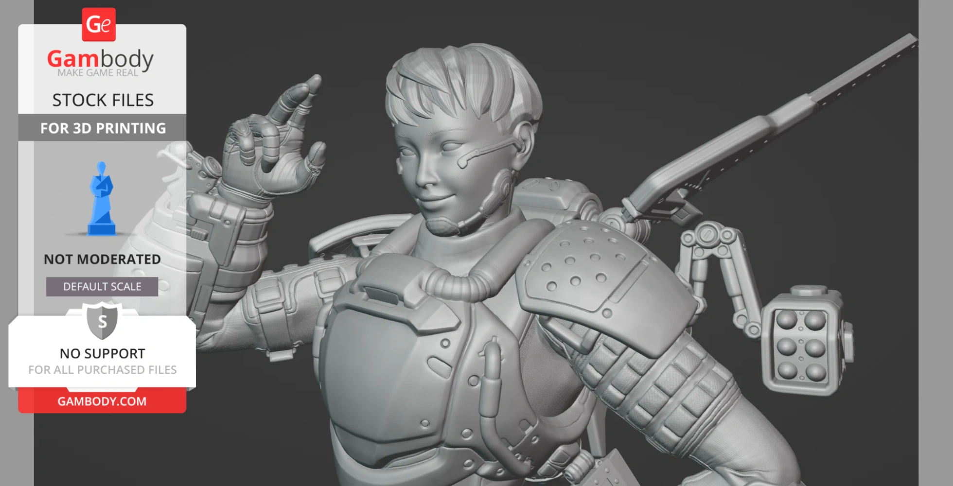 A 3D model of a sci-fi armored figure with mechanical wings, smiling while pointing upwards.