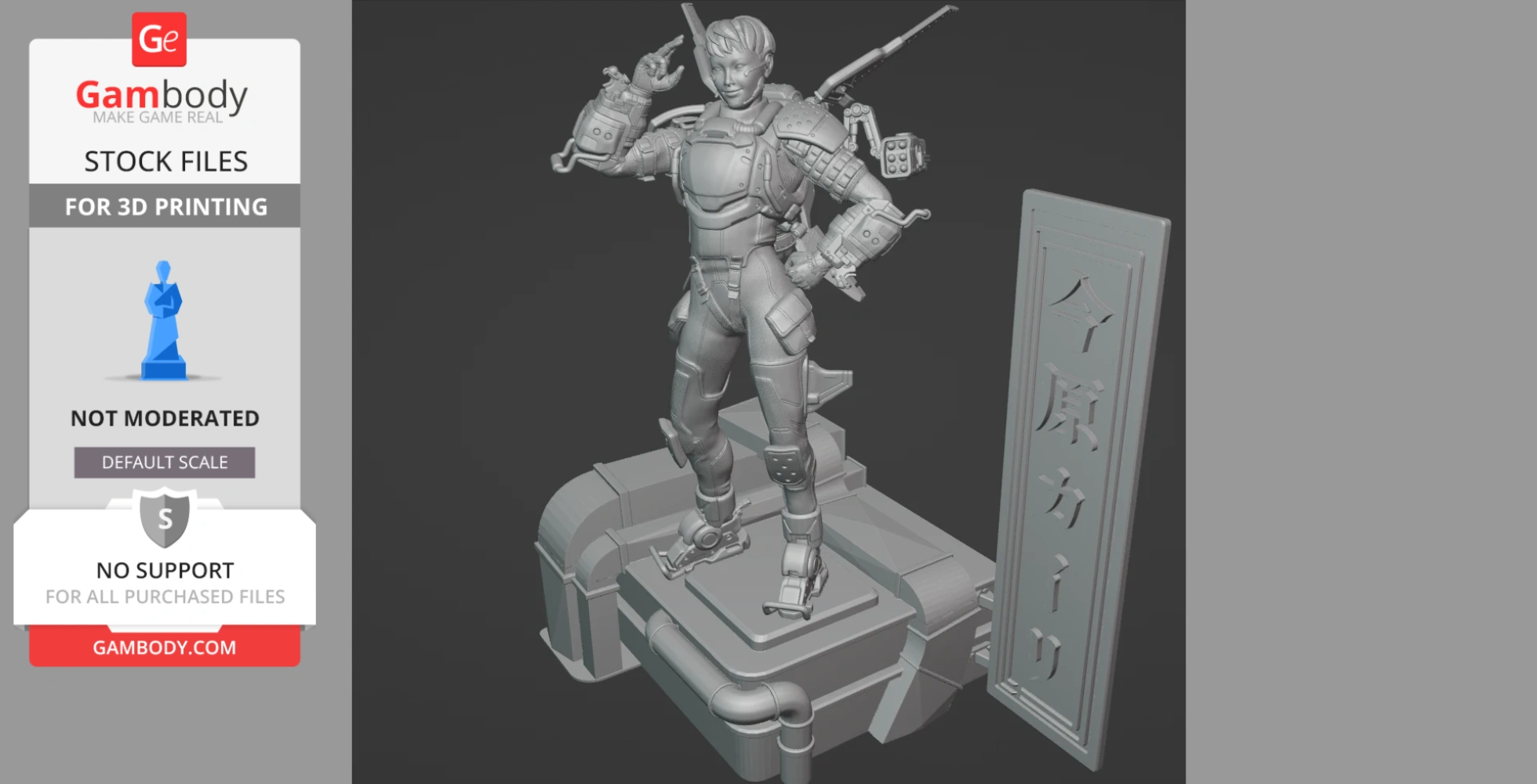 A detailed 3D model of a futuristic armored character with a large sword, posed on a platform with pipes.