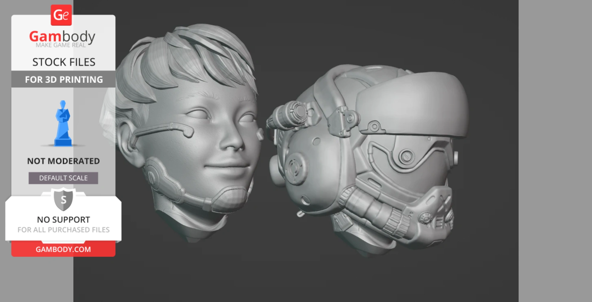 3D model of a smiling human head and a detailed sci-fi helmet, suitable for 3D printing.