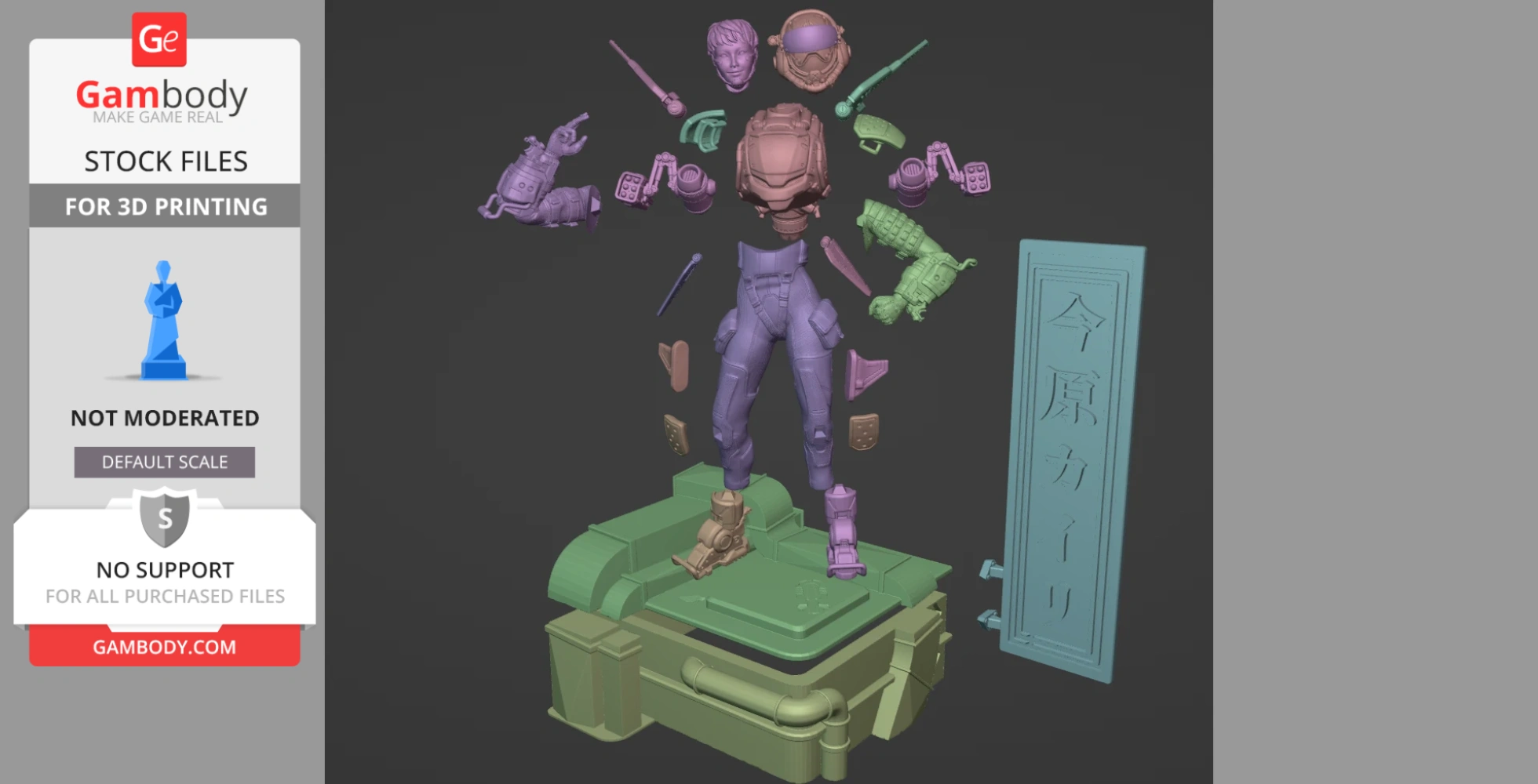 A disassembled 3D model of a futuristic armored figure with various parts displayed around it, ready for printing.