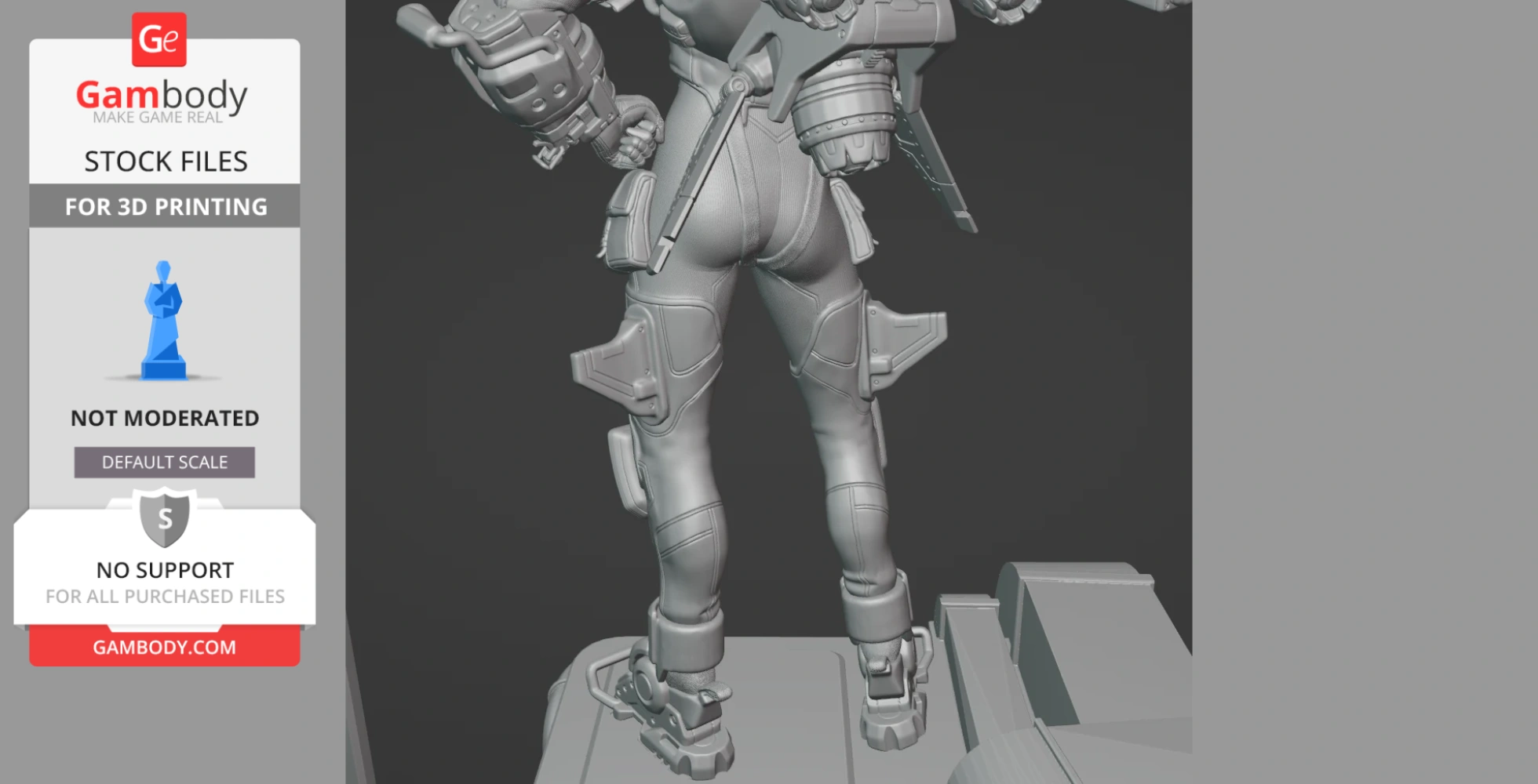 Back view of a detailed armored character model, showing legs and equipment, ready for 3D printing.