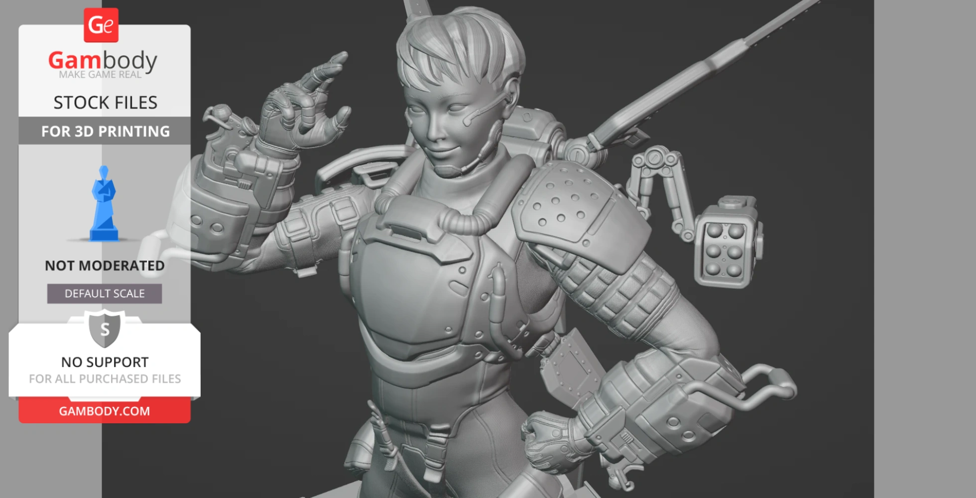 A detailed 3D model of a futuristic armored character with a headset and intricate mechanical accessories.