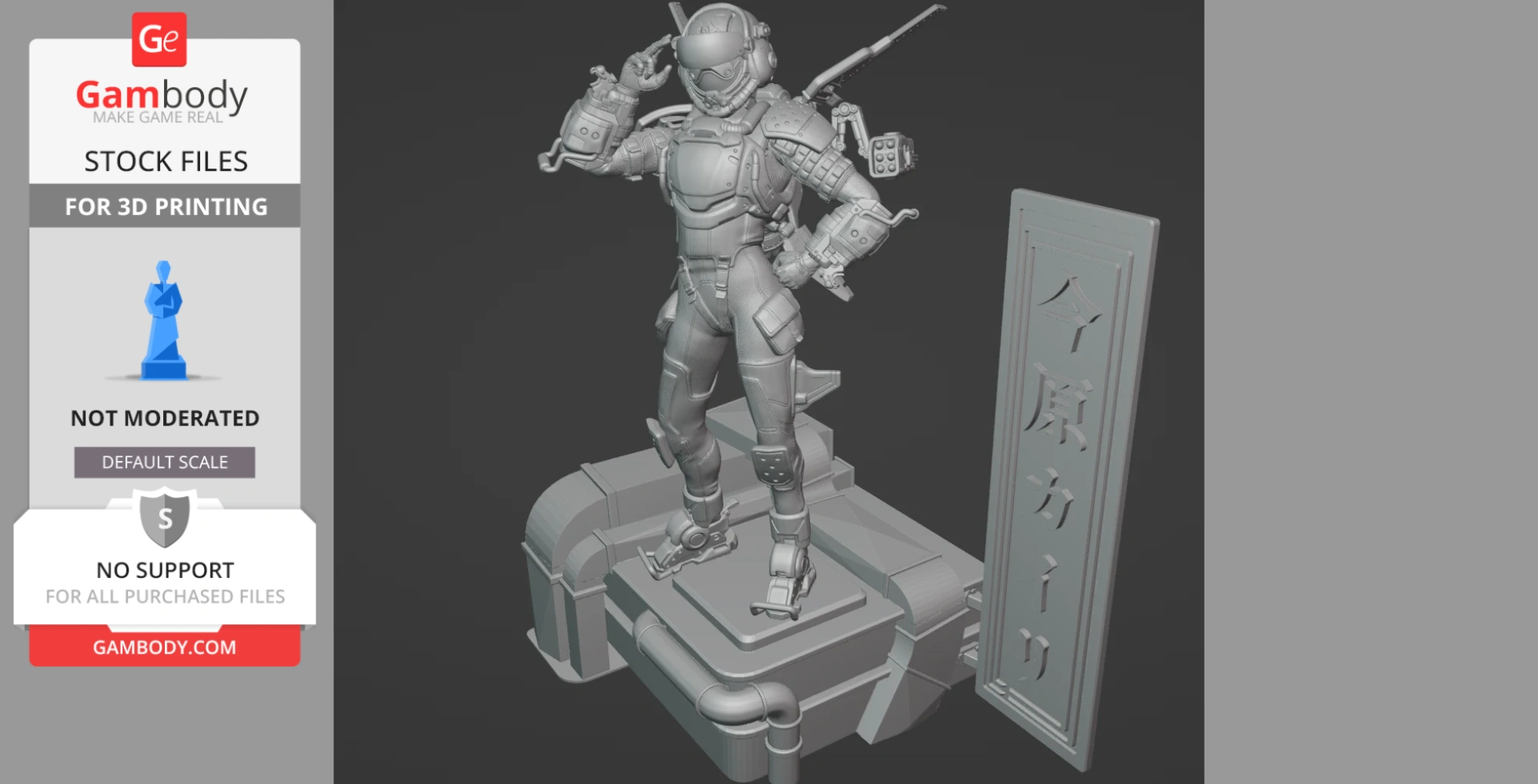 Futuristic armored character with a helmet, posing confidently on a tech-themed base beside a vertical panel.