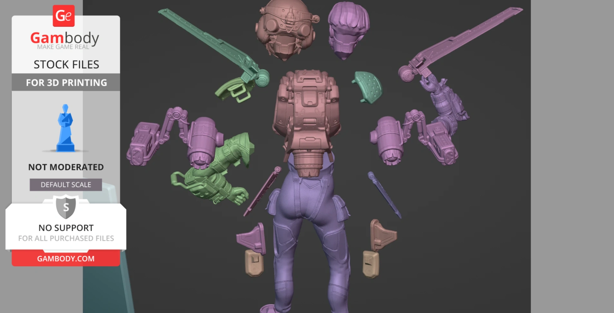 Disassembled 3D model parts of a Valkyrie-like character for printing, featuring armor and weapons.