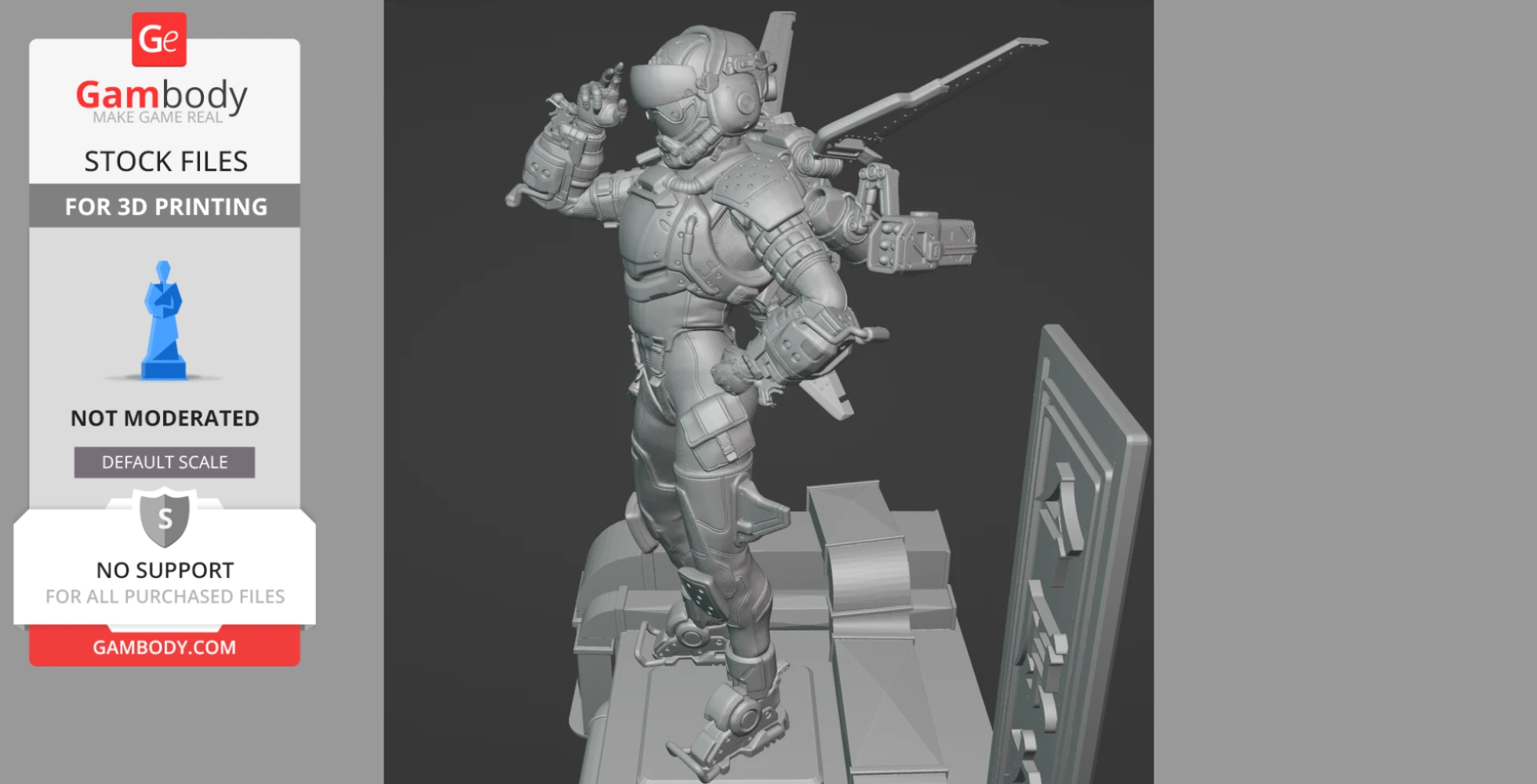 A detailed 3D model of an armored figure in a dynamic pose, equipped with mechanical gear and helmet.