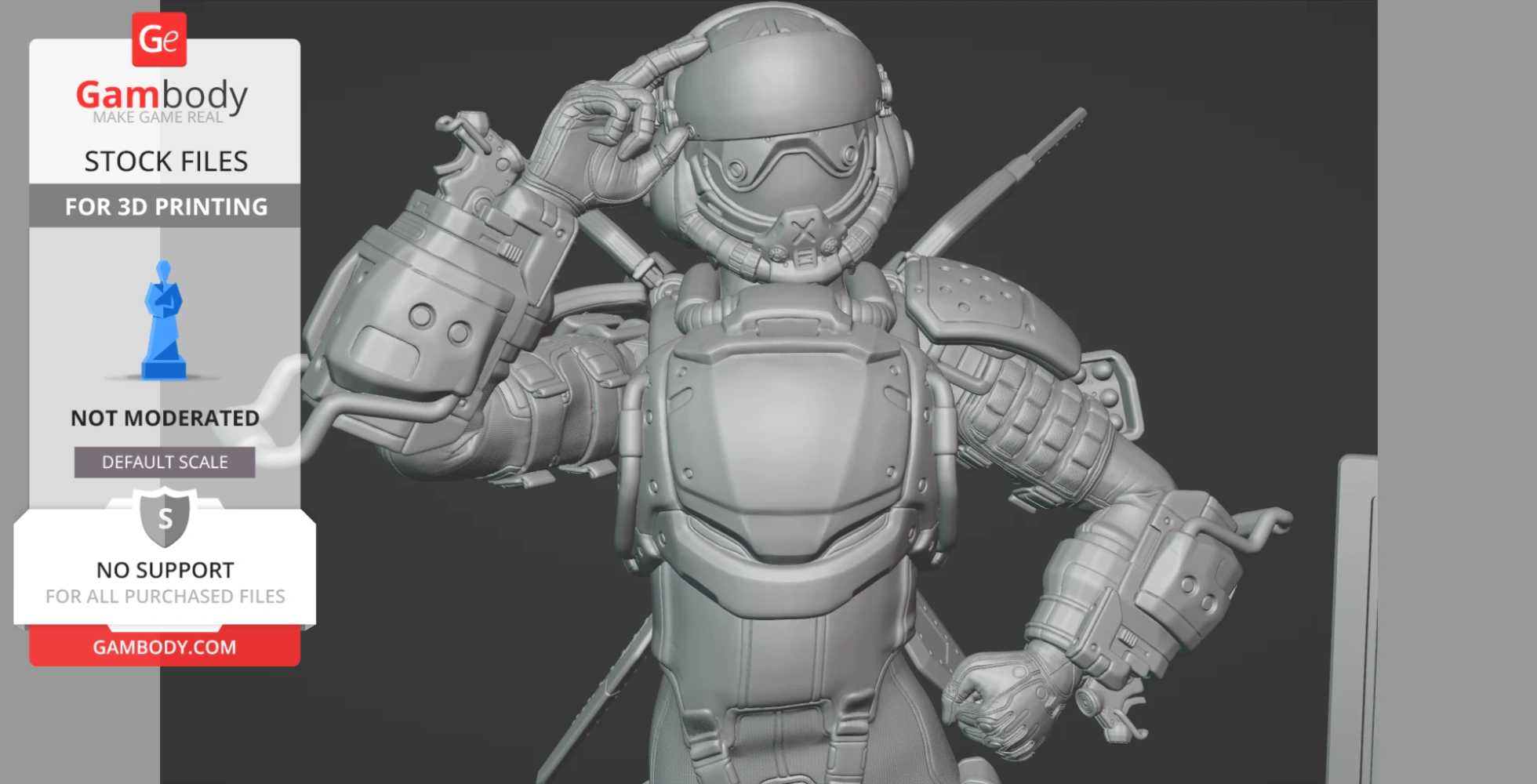 A detailed 3D model of an armored sci-fi figure saluting, designed for 3D printing from Gambody.