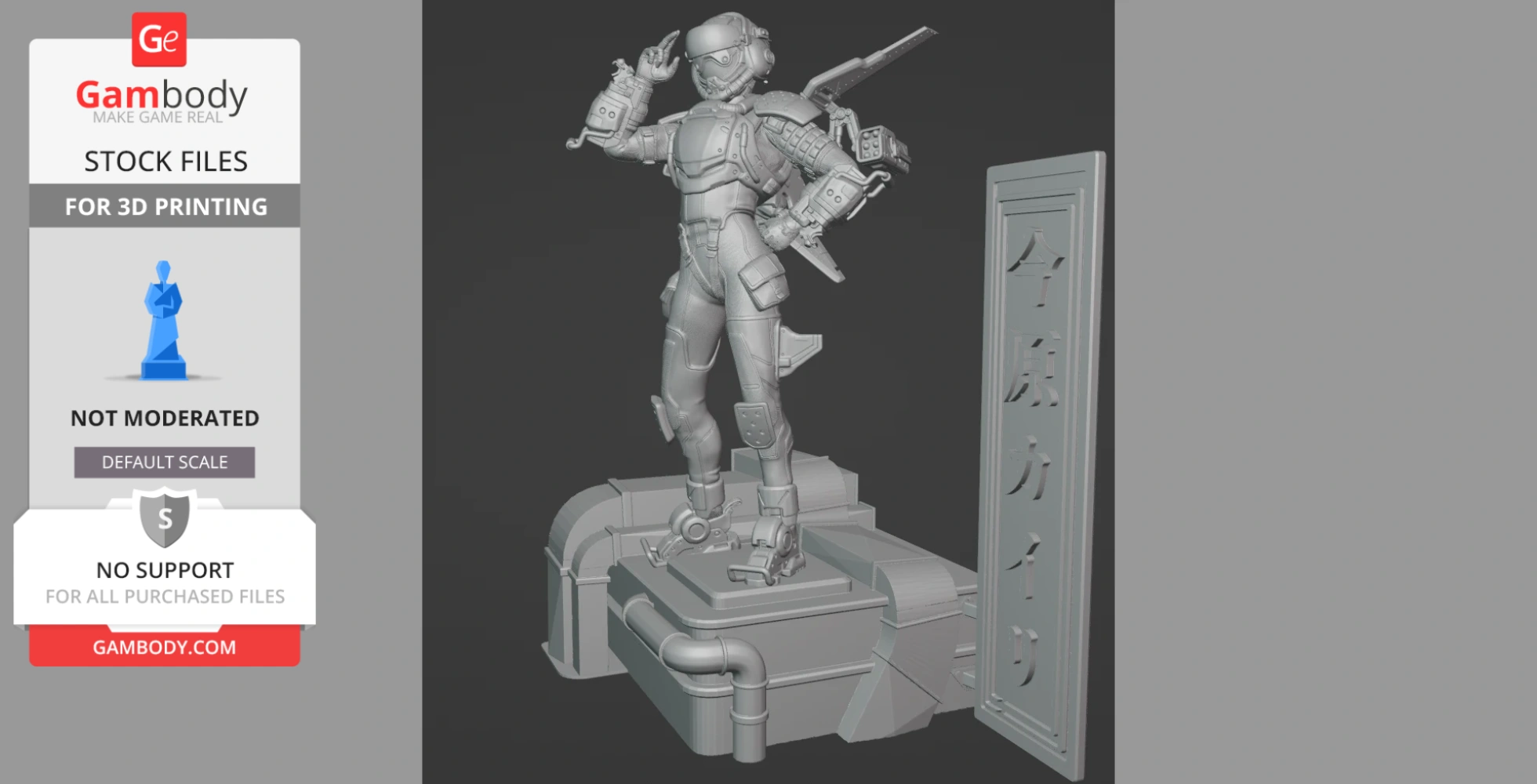 Futuristic armored figure in dynamic pose, standing on a detailed tech-themed base with a vertical panel.