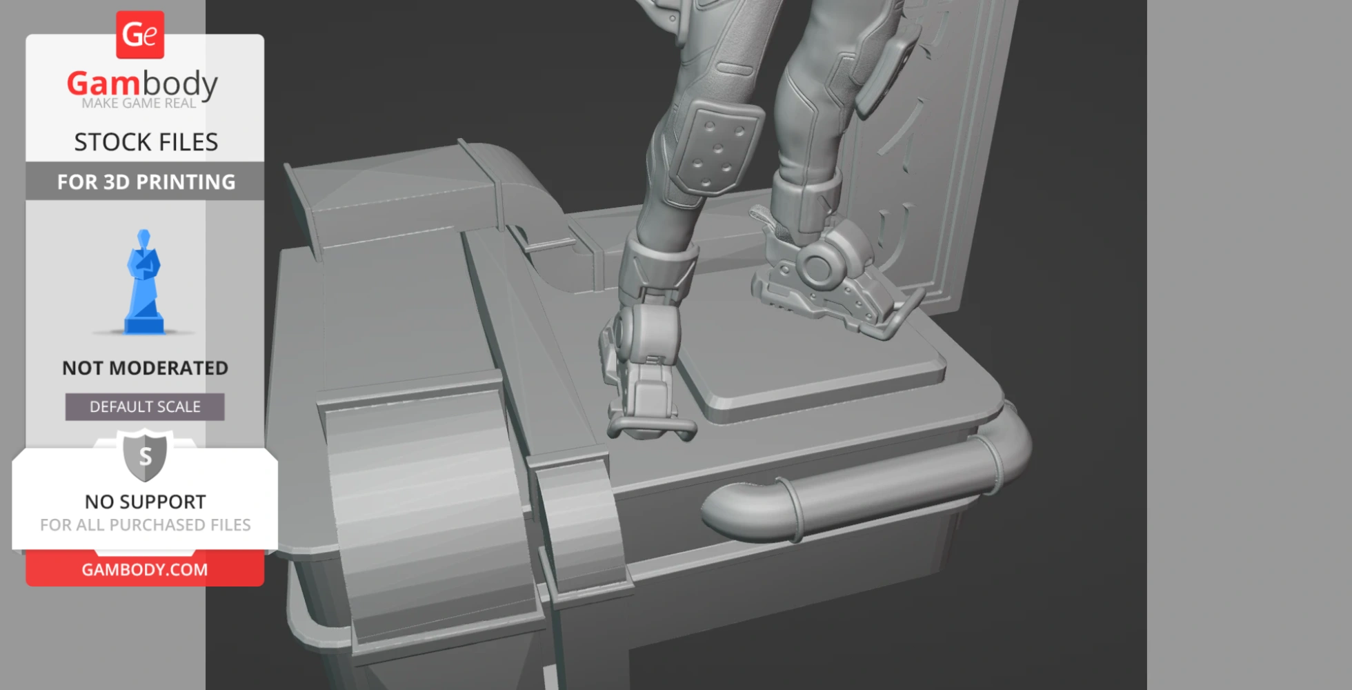 A detailed 3D model of a character's armored legs standing on a futuristic platform base for printing.