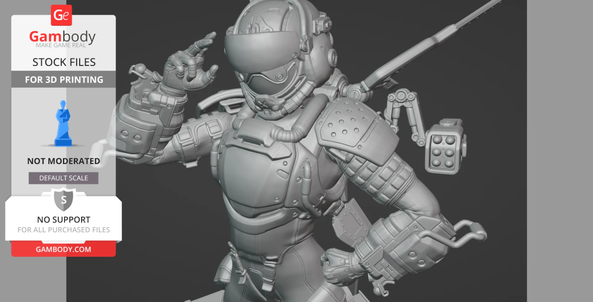 A detailed 3D model of a futuristic armored character with a helmet and visor, posed with one hand raised to the head.