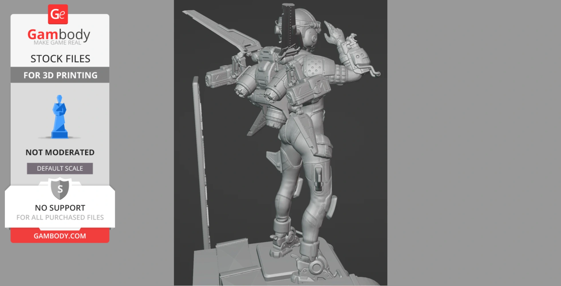 A detailed 3D model of a futuristic armored figure with a jetpack and weapon, posed dynamically.