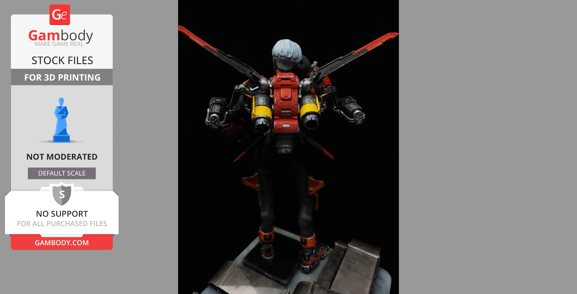 A detailed 3D model of a character with a jetpack and mechanical wings ready for 3D printing.