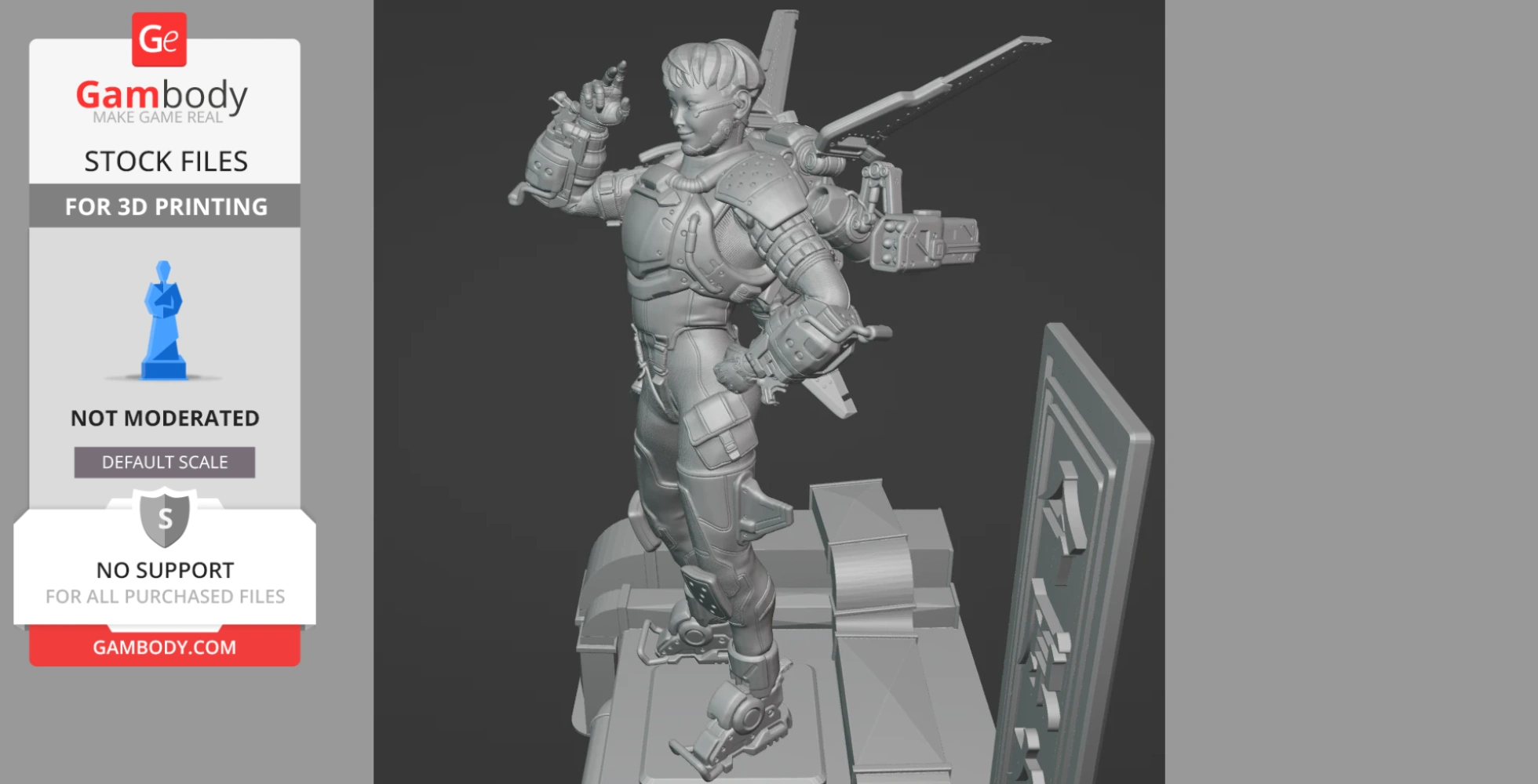 A detailed 3D model of a futuristic armored figure with jetpack, standing on a mechanical base.