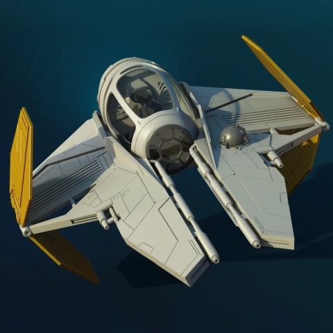 A detailed 3D model of the Eta-2 Actis Interceptor starfighter with yellow accents.