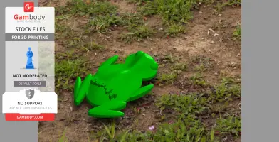 A 3D printed green frog model labeled 'Rip-It,' lying on grass and dirt.