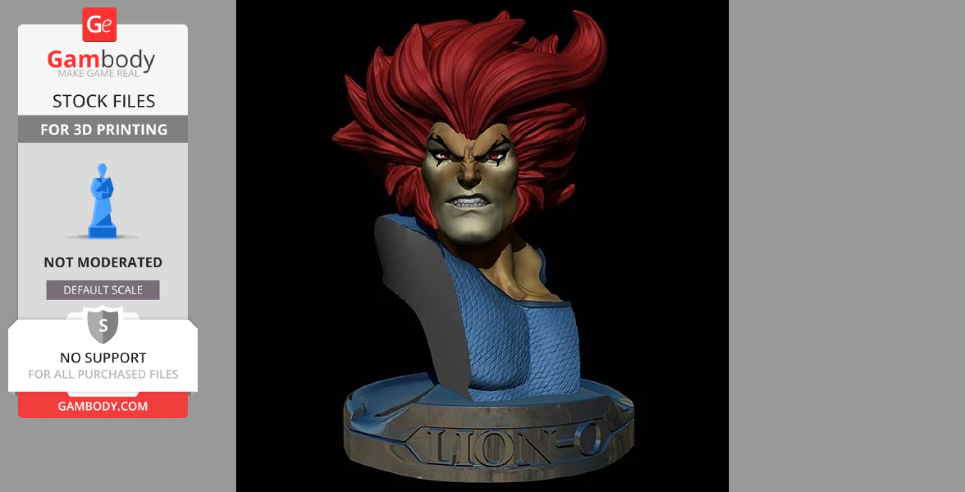 Bust of a fierce character with red hair, wearing blue armor, on a labeled base 'LION-O' for 3D printing.