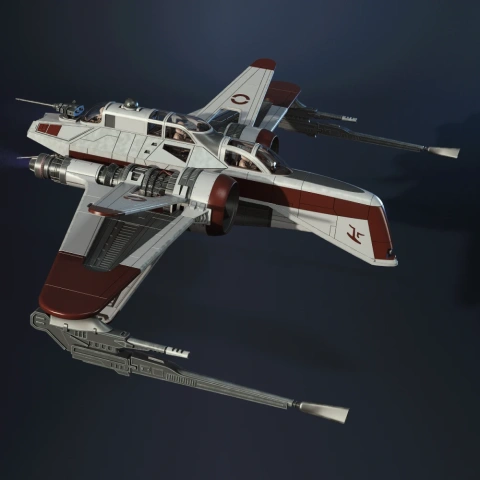 A detailed 3D model of an ARC-170 Starfighter with red and white coloring, featuring long wings and engines.