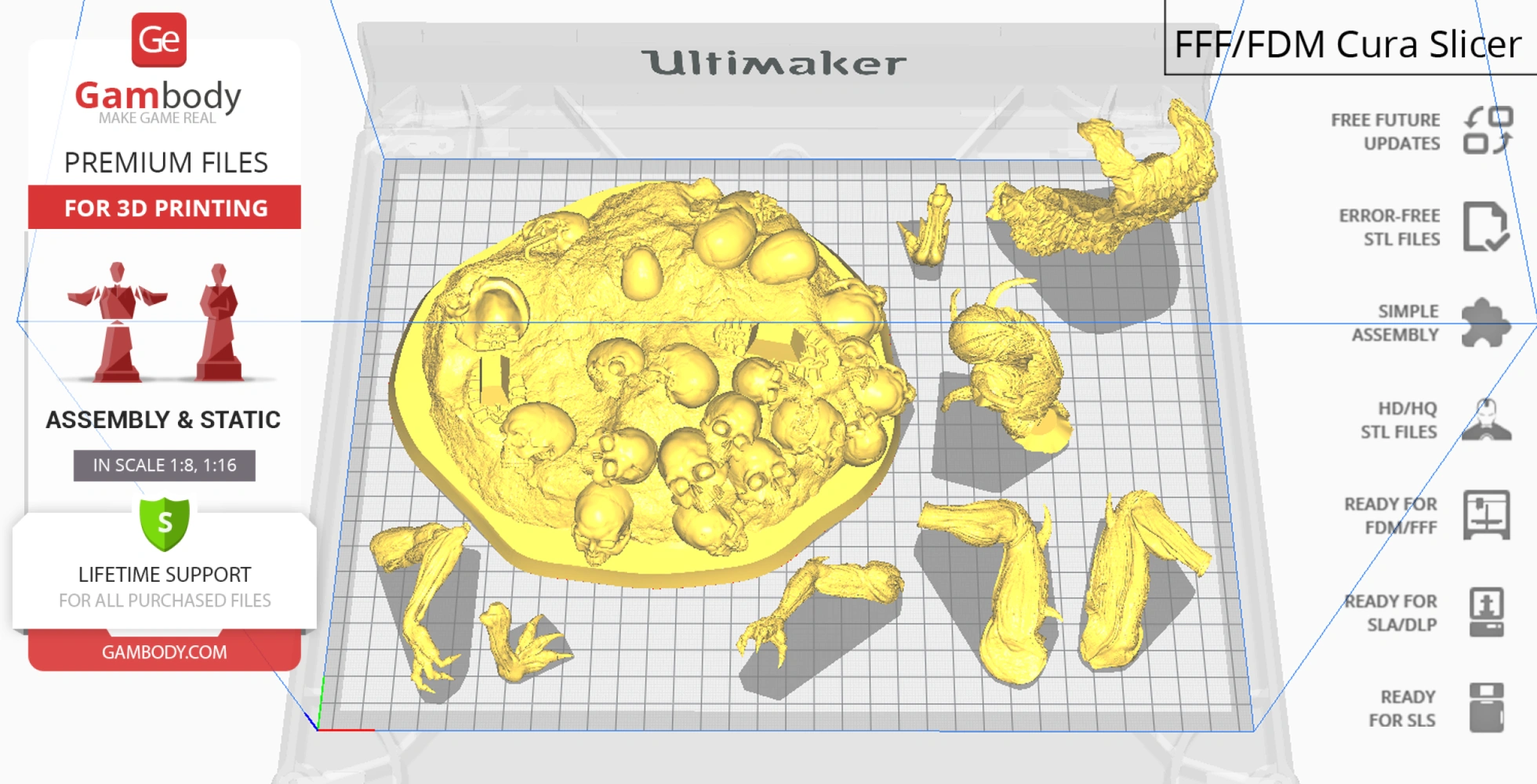 3D print layout of Doom Slayer vs Imps diorama parts on a grid platform in slicing software.