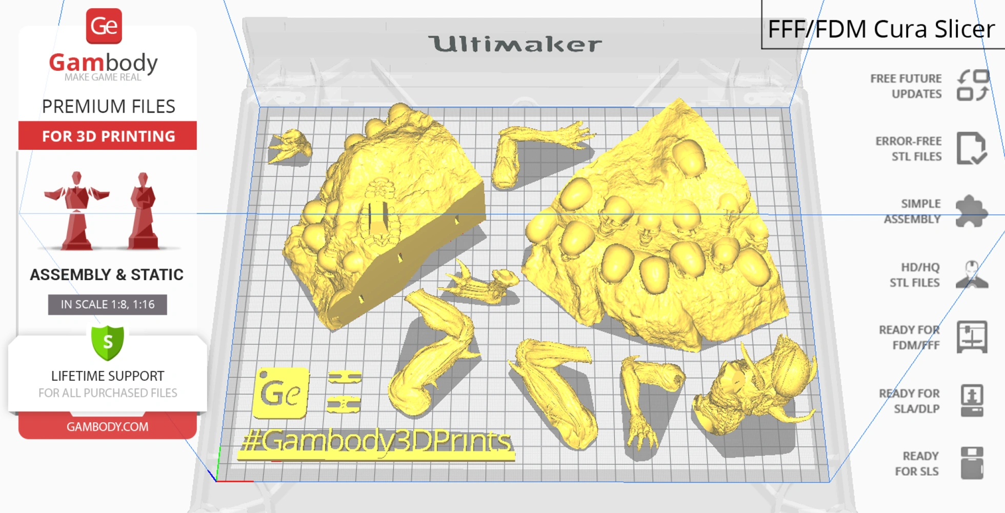 Doom Slayer vs Imps diorama 3D model pieces arranged for printing on an Ultimaker build plate.