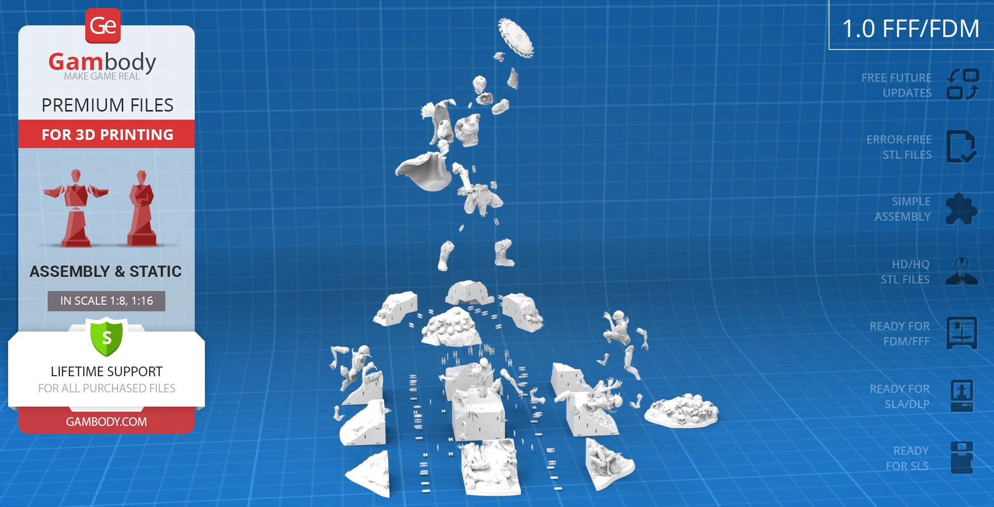 A disassembled 3D diorama of Doom Slayer battling Imps with various parts on a blue grid background.