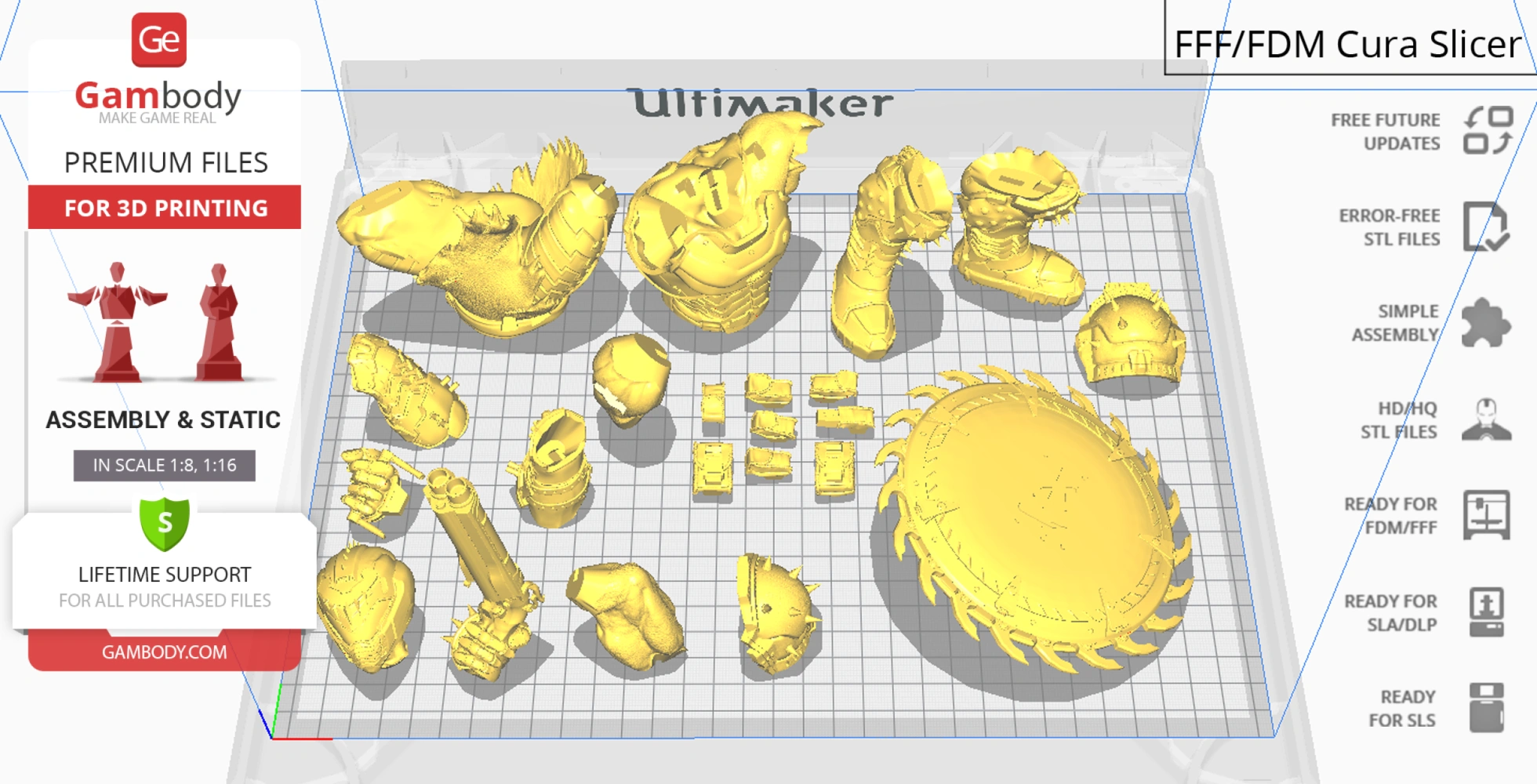 3D printing model pieces for a 'Doom Slayer vs Imps' diorama, displayed on a grid in Cura slicer.