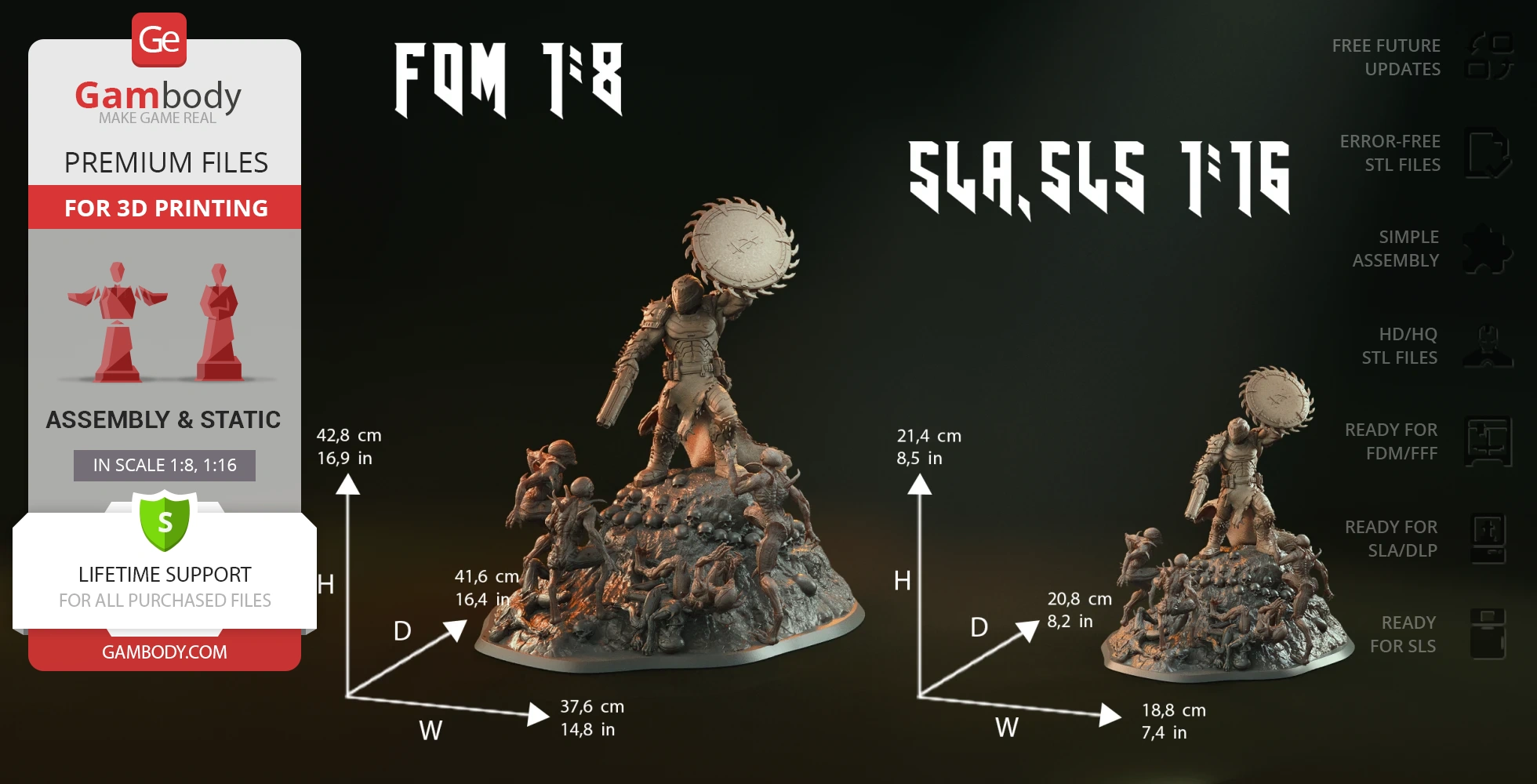 A diorama depicting a warrior battling creatures on a rocky base. For 3D printing, scales 1:8 and 1:16.