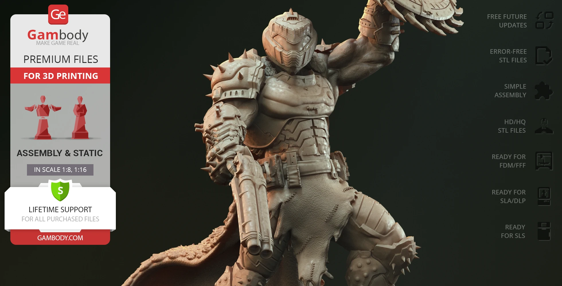 Armored Doom Slayer wielding weapon, detailed 3D model for printing.