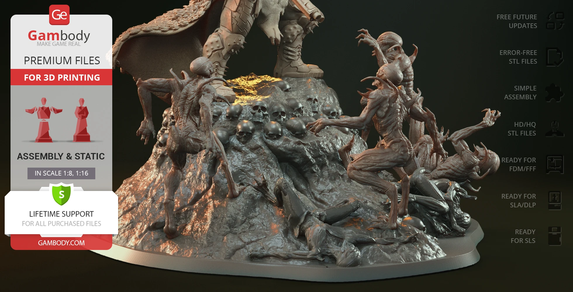 Diorama of a battle scene with Doom Slayer fighting multiple imps on a rocky base with skulls.