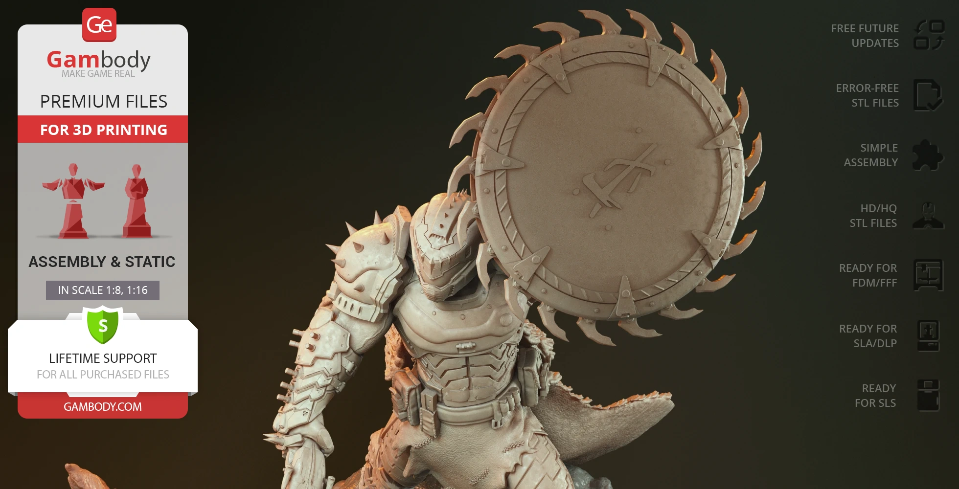 A heavily armored figure holding a large, serrated weapon, designed for 3D printing.