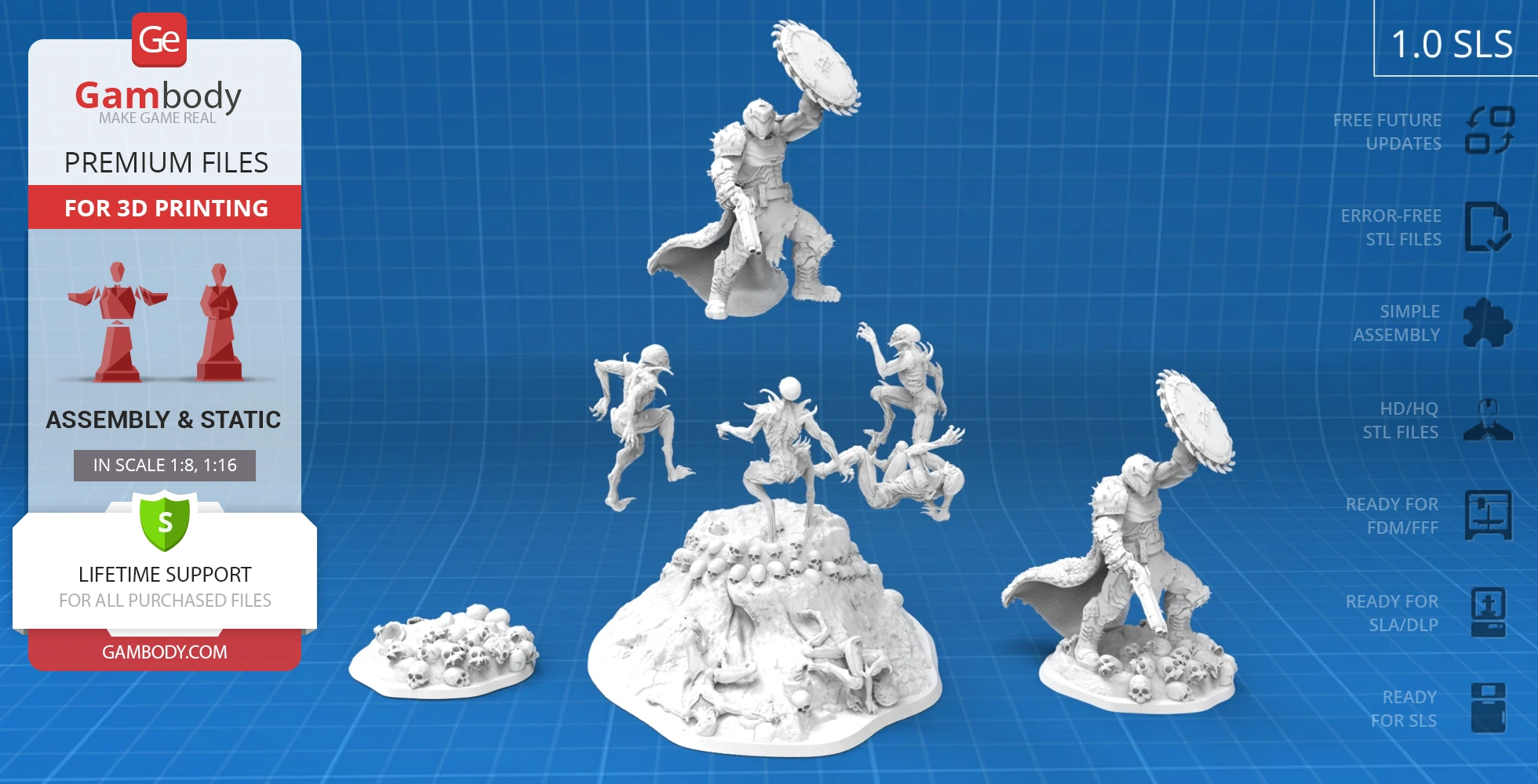 Diorama of an armored figure battling multiple creatures on a mound of skulls, designed for 3D printing.