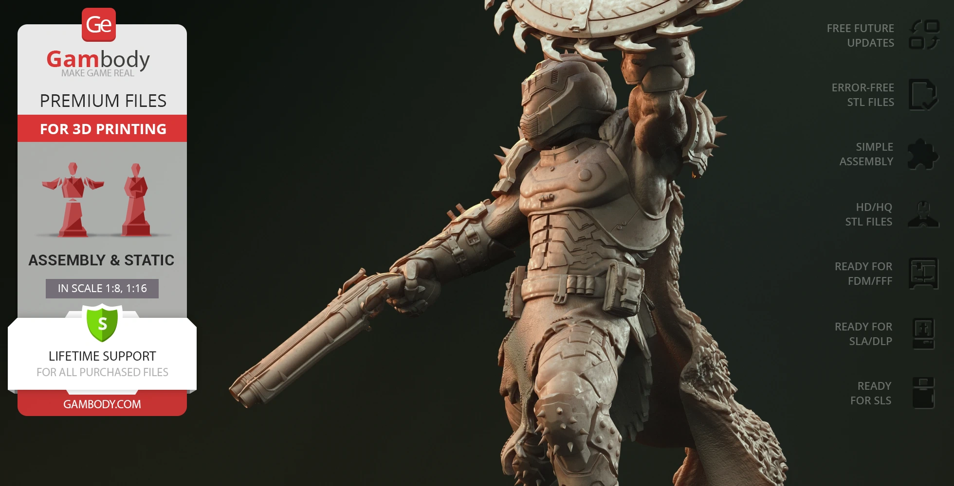 Doom Slayer in battle stance, armored, holding a weapon, ready for 3D printing from Gambody files.