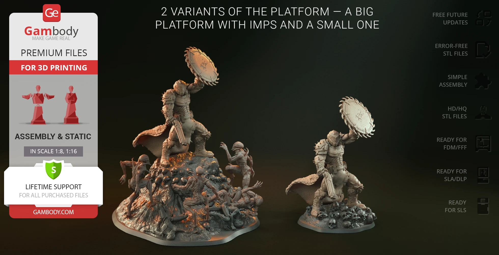 Diorama of a warrior battling imps on a rocky platform for 3D printing.