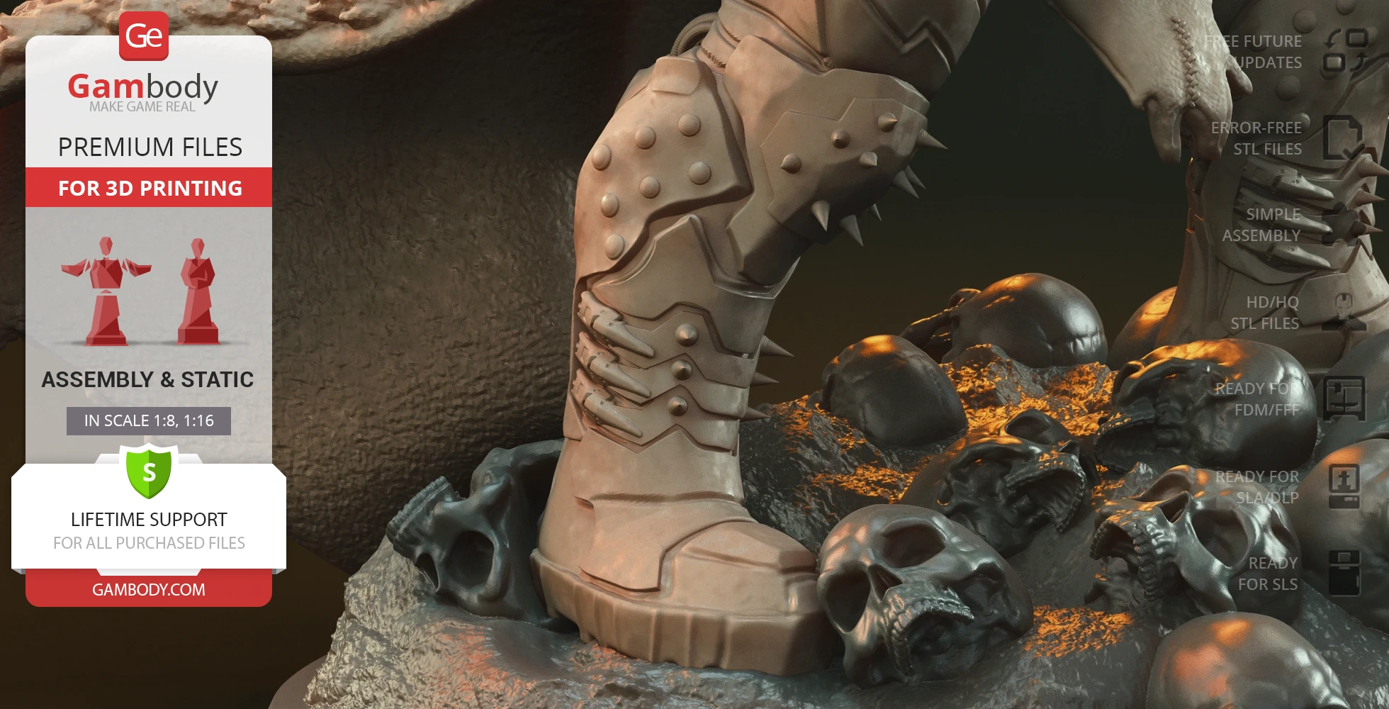 Armored boot on rocky ground with skulls, part of a detailed diorama for 3D printing.