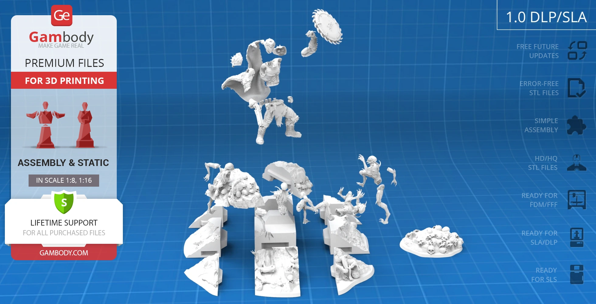 Diorama of Doom Slayer battling Imps; various components for 3D printing assembly.