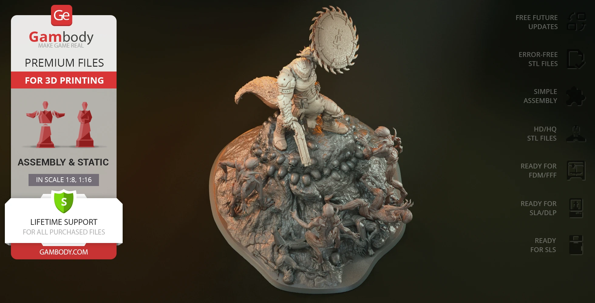 A detailed diorama of a warrior with a shield facing off against multiple creatures on a rocky base.