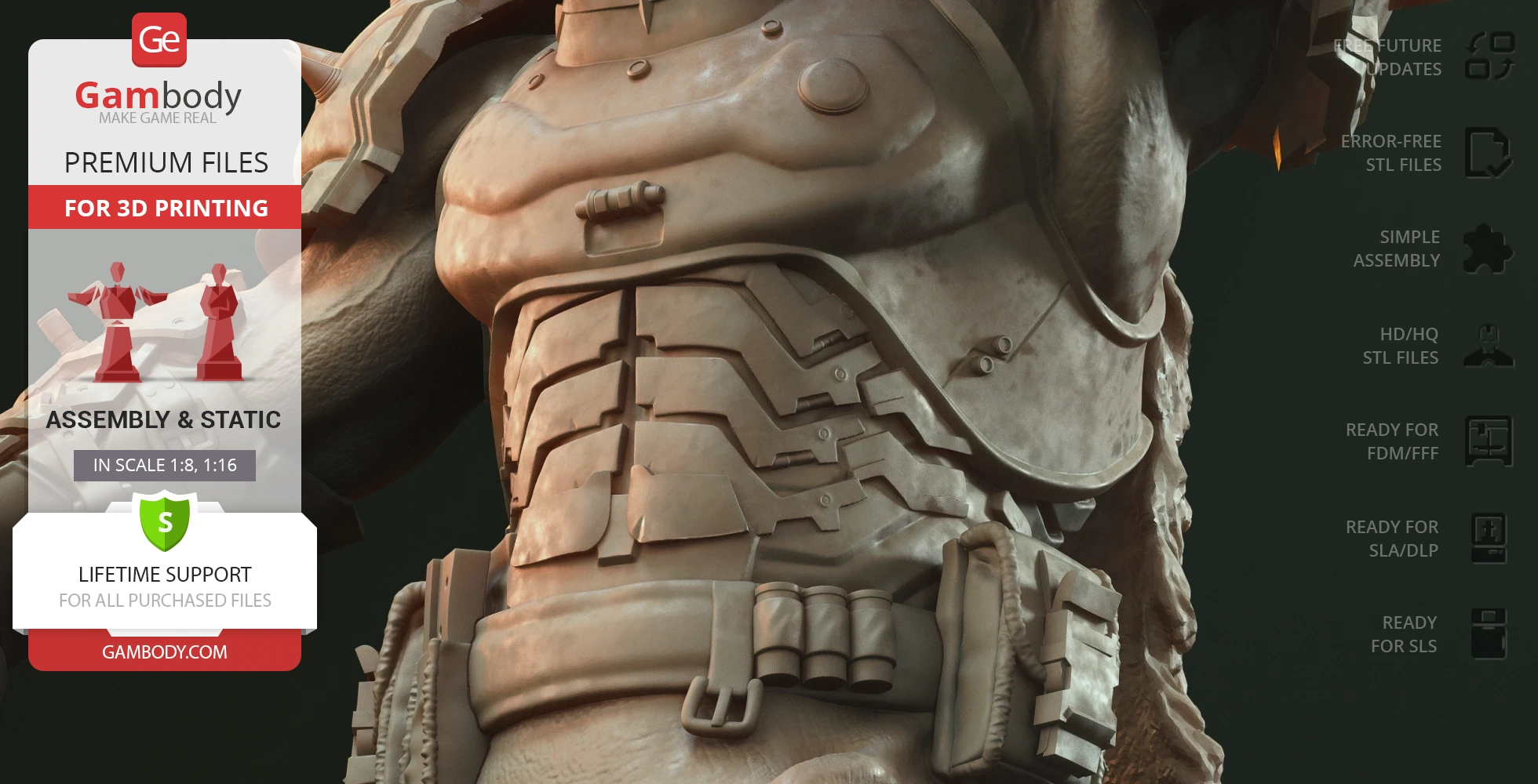 Detailed view of armor and belt in a 3D model, showcasing intricate textures and design elements.