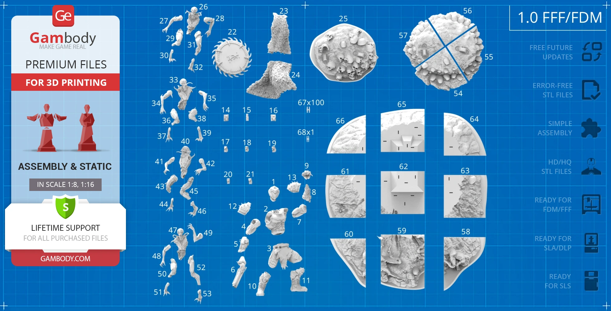 Doom Slayer diorama 3D printing pieces laid out on a blueprint background, labeled for assembly.