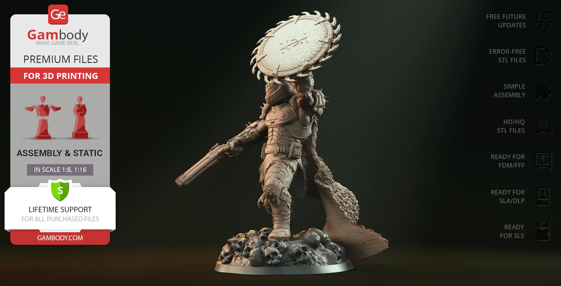 Armored figure with a weapon, holding a circular blade, stands on a base of skulls.